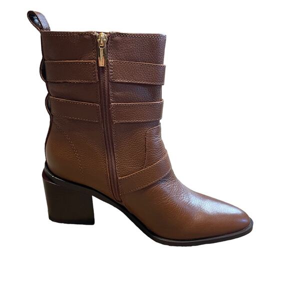 Vince Camuto Leather Buckle Mid-Shaft Zip Boots Kempreea Cocoa Biscuit 9.5 NIB - Picture 6 of 12